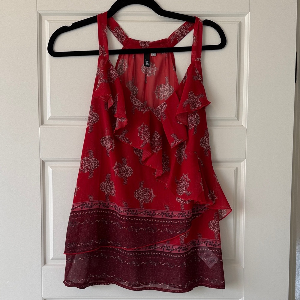 Kut from the Kloth Red Patterned Ruffle Blouse